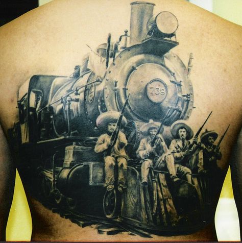 Train Tattoos, Torres Tattoo, Revolution Tattoo, Train Tattoo, Engine Tattoo, Motor Tattoo, Mexican Revolution, Kunst Tattoos, Aztec Tattoo