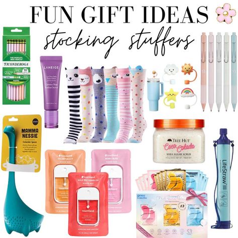 a collage of holiday stocking stuffer gift ideas Affordable Stocking Stuffers, Stocking Stuffers Amazon, Amazon Stocking Stuffers Women, Best Stocking Stuffers 2024, Healthy Stocking Stuffers, Stocking Stuffers Ideas, Cute Stocking Stuffers, Stocking Stuffers For Adults, Stocking Stuffers For Teens