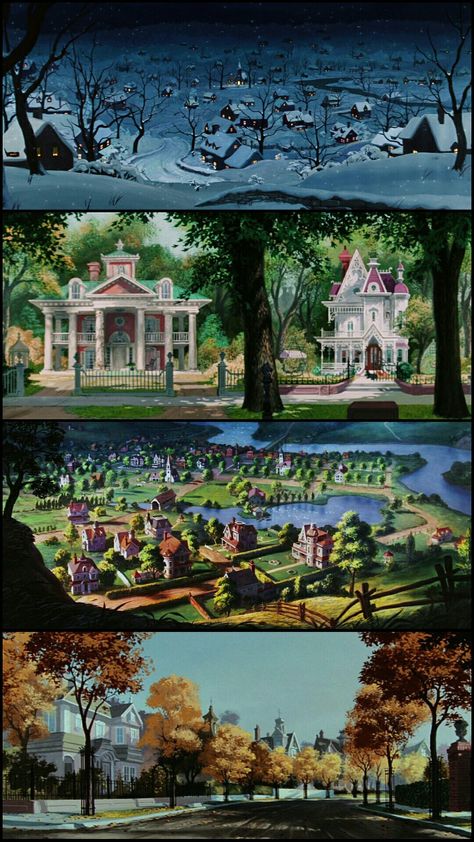 I want to live in Disney's "Lady and the Tramp" 1955 background art of the charming Victorian New England village Disney Places In Movies, Lady And The Tramp Background Art, Lady And The Tramp Background, Victorian Village Aesthetic, Lady And The Tramp House, Disney Background Art, Movie Landscapes, Lady And The Tramp Aesthetic, Disney Backgrounds