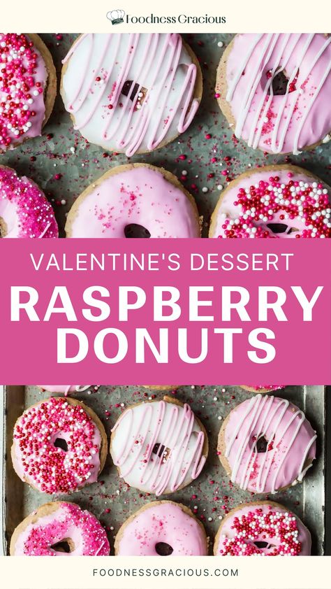 Make these pretty pink raspberry donuts for your Valentine! Tender baked donuts filled with sweet raspberry jam and topped with a gorgeous pink glaze and festive sprinkles. These homemade treats are easier than you think - no deep frying needed. Fancy Valentine Desserts, Valentine Donut Ideas, Valentine’s Day Baked Goods, Valentines Baked Goods, Donuts Filled, Pink Frosted Donut, Quick Yummy Desserts, Donut Ideas, Donut Filling