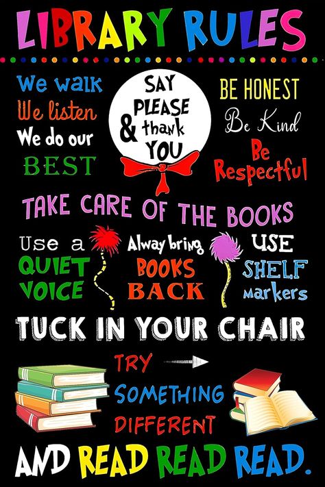 Welcome Back To School Library Displays, Library Chart Ideas, Library Rules For Kids, Back To School Library Ideas, Elementary School Library Decor, Library Ideas For School, Back To School Library Displays, Library Decoration Ideas, Library Decorating Ideas Elementary