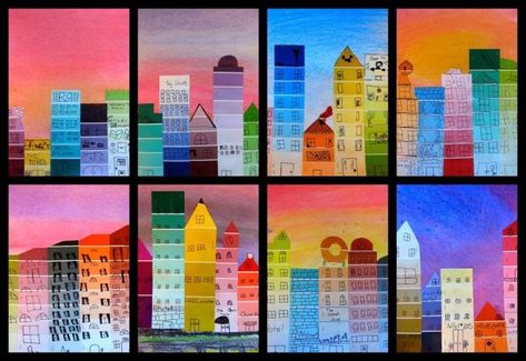 Paint Sample Art, Paint Chip Crafts, Value Painting, Paint Chip Art, City Skylines, Creation Art, Value In Art, Elementary Art Projects, Homeschool Art