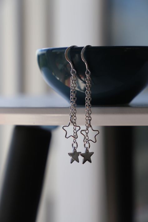 Long Dangle Star Earrings, Cutout and Solid Silver Stars Earrings - Etsy UK