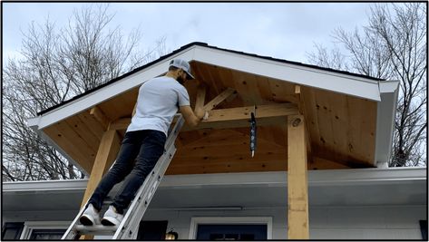 How to Build a Gable Porch Roof Overhang on an Existing House (Major DIY Curb Appeal Upgrade) - AT Improvements Porch Addition Before And After, Roof Addition Ideas, Porch Roof Ideas, Front Porch Roof, Gable Porch, Porch Overhang, Porch Supports, Porch Diy, Diy Awning