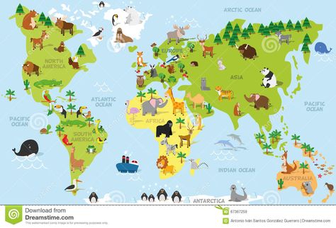 Funny Cartoon World Map With Traditional Animals Of All The Continents And Oceans. Vector Illustration For Preschool Education - Download From Over 44 Million High Quality Stock Photos, Images, Vectors. Sign up for FREE today. Image: 67367259 Continents And Oceans, World Map Wallpaper, Painted Rainbow, Map Wallpaper, Preschool Education, Cartoon World, Kids Journal, Education Center, Kids Tv