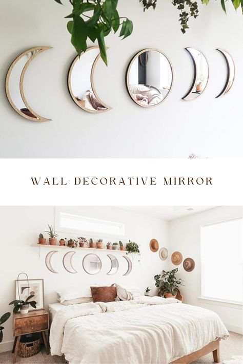 Moon phase wall decorative mirror Wooden Moon, Mirror Interior Design, Mirror Wall Living Room, Natural Decor, Bohemian Wall Decor, Bohemian Wall, Decorative Mirror, Decoration For Home, Room Bedroom Decor