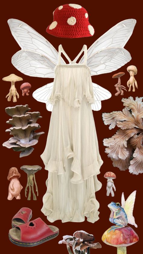 #outfitinspo #outfit #fairygrunge #fairycore #mushrooms #mushroomfairy #mushroompeople Mushroom Witch Outfit, Mushroom Fairy Halloween Costume, Halloween Costume Mushroom, Mushroom Fairy Outfit, Mushrooms Costume, Fairy Cowgirl, Mushroom Costume, Barbie Fairytopia, Fairy Cosplay