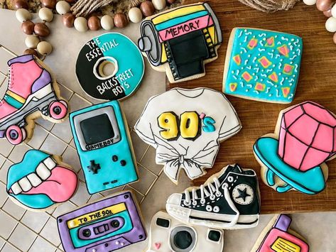 90s Theme Cookies, 90s Cookies Decorated, 90s Theme Cake Ideas, 90s Theme Birthday Cake, Back To The 90s Party Decor, 90s Cookies, 90s Birthday Cake, 90s Cake, Two Legit To Quit Birthday