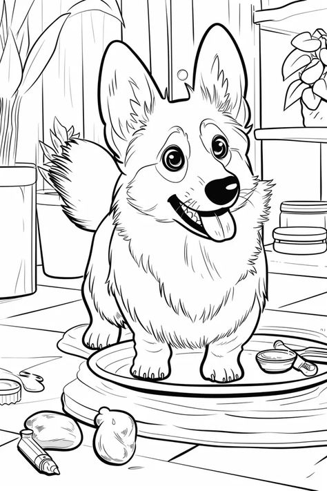 Full Color Image in ai-img-gen.com 🔸 A corgi playing, cluttered maximalism, coloring page, black-and-white outline, monochrome, simple ou... 🔸 From Midjourney AI Image Corgi Smile, Dog Standing, Color Image, Black And White Lines, White Line, Maximalism, Corgi Dog, Small Bowl, Colour Images