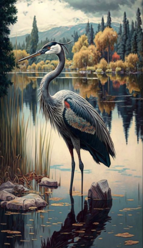 Heron Art, Afrique Art, Wild Animals Pictures, Animal Portraits Art, Most Beautiful Birds, Herons, Nature Art Painting, Bird Drawings, Autumn Landscape