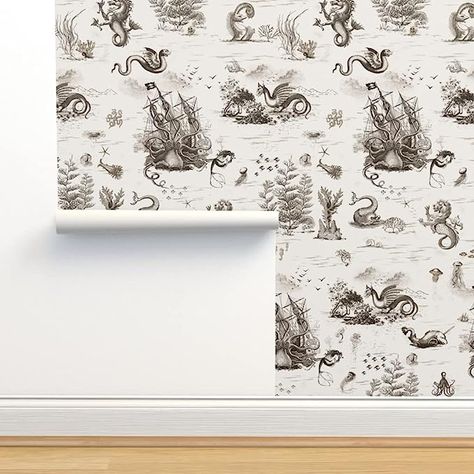 Spoonflower Peel & Stick Wallpaper 3ft x 2ft - Vintage Dragon Ocean Octopus Sepia Toile Mermaid Steampunk Custom Removable Wallpaper - - Amazon.com Mermaid Custom, Off White Wallpapers, Ocean Octopus, Vintage Dragon, Mermaid Print, Stick On Wallpaper, Line Work, Wallpaper Vintage, Drawer Liner