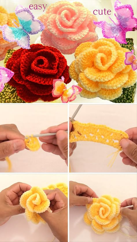 Learn To Make Easy Rose Crochet Flowers | CrochetBeja Roses Au Crochet, Easy Rose, Crochet Puff Flower, Crochet Rose Pattern, Crochet Flowers Easy, Rose Crochet, Crochet Flowers Free Pattern, Crochet Butterfly, Pola Sulam