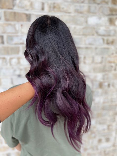 Partial Purple Highlights, Plum Peekaboo Hair, Plum Lowlights In Brown Hair, Purple Peak A Boo Hair Brunette, Eggplant Balayage, Fall Hair Purple, Purple Peek A Boo Hair, Purple Peekaboo Highlights Brunettes, Dark Purple Peekaboo Hair