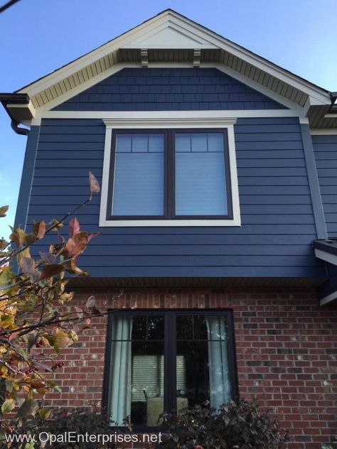 Deep Ocean James Hardie Siding paired with brick & Andersen Windows Gable Detail, Exterior Home Colors, Hexagon House, Red Brick House Exterior, Exterior Siding Colors, Blue Siding, Exterior House Siding, Exterior House Renovation, Hardie Siding