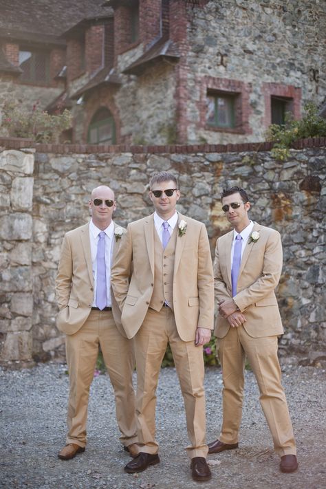 Wedding inspiration, purple ties, tan suits, sunglasses, cobblestone Tan Suit Wedding, Purple Groomsmen, Grass Valley California, Taupe Wedding, Lavender Tie, Mens Wear Wedding, Wedding Photography Checklist, Wedding Tux, Tan Wedding