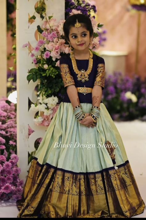 Traditional Baby Dresses, Pattu Lehenga, Pattu Pavada, Indian Dresses For Kids, Kids Party Wear Dresses, Kids Dress Collection, Kids Blouse Designs, Kids Blouse, Kids Lehenga