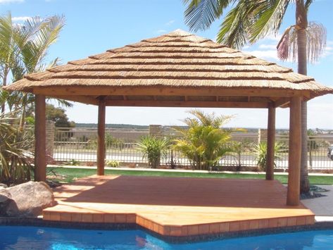 Deck Cover, Pool Gazebo, Thatched House, Outdoor Patio Bar, Outdoor Shelters, Pergola Design, Outdoor Kitchen Patio, Thatched Roof, Covered Decks