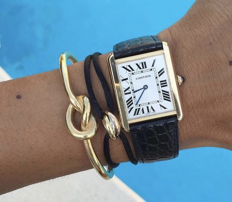 Cartier Trinity Bracelet, Trinity Bracelet, Cartier Tank, Knot Bracelet, Stacked Jewelry, Square Watch, Bracelet Stack, Gold Watch, Cartier