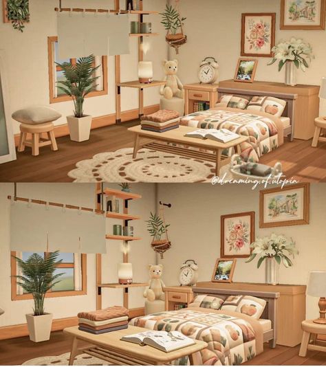 Acnl Interior Design, Acnh Cottage Bedroom, Acnh Rattan Bedroom, Animal Crossing Boho Bedroom, Bedroom Animal Crossing Ideas, Acnh Bed Rooms Ideas, Acnh Bedroom Design Cottagecore, Acnh Small Bedroom Ideas, Acnh Upstairs Bedroom Ideas