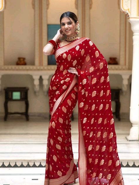 Elevate your style with our stunning Semi Banarasi Georgette sarees! Perfect blend of tradition & elegance. Shop now and shine at every occasion! ✨👗 Explore the collection: [https://www.virajafashionista.com/collections/semi-banarasi-sarees/Banarasi-sarees] Khadi Fabric, Fancy Tassels, Box Folding, Khadi Saree, South Indian Sarees, Indian Silk Sarees, Party Kleidung, Red Saree, Banarasi Saree