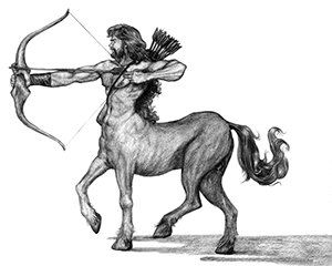 Centaur - Body of a horse and the torso, head and arms of a man. They were considered to be the children of Ixion, king of the Lapiths, and Nephele, a cloud made in the image of Hera. Half Human Half Animal Drawings, Half Horse Half Human, Centaur Harry Potter, Centaur Greek Mythology, Sagittarius Images, Half Human Half Animal, Sagittarius Tattoo Designs, Half Man, Percy Jackson Art