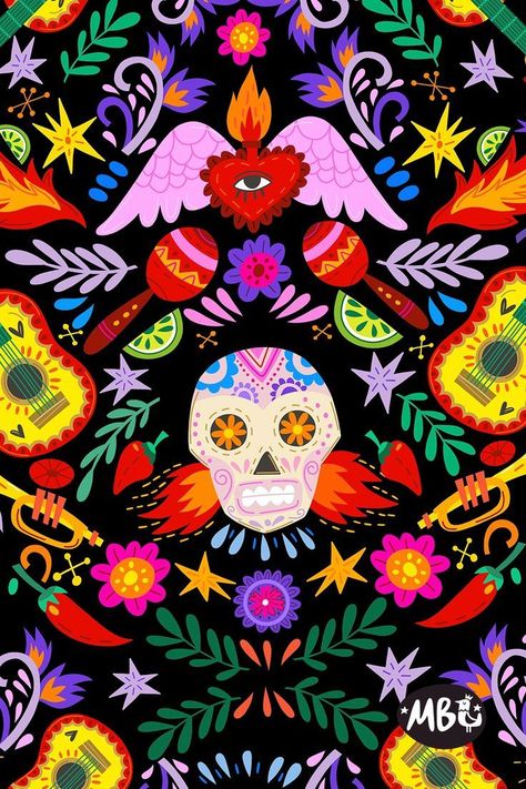 Mexican Vibe Vector Seamless Pattern. Rich, Detailed and Playful Hand drawn Vector Seamless Pattern with sugar skulls, chilli papers, guitars, floral elements .#patternbank #newonpatternbank #marushabelle #vectorpattern #vectorillustration #handdrawn #surfacedesign #illustration #mexican #sugarskull Mexican Color Scheme, Mexico Christmas, Guitar Illustration, Mexican Colors, Pattern Bank, Mexican Pattern, Mexico Design, Mexican Crafts, Mexico Art