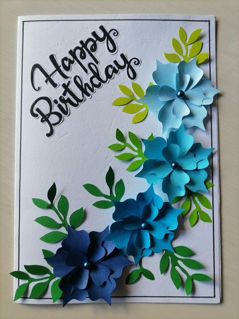 Hand made birthday card Gratitude Cards Handmade For Teachers, Greeting Card Ideas For Teachers, Birthday Card Design Ideas Creative, Blue Birthday Card Ideas, Birthday Card Ideas For Teachers, Creative Birthday Cards Diy Handmade, Birthday Card For Teacher, Blue Paper Flowers, Greeting Cards For Teachers