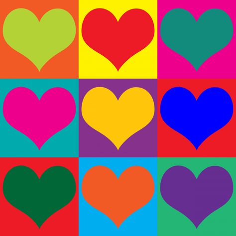 Pop Art Color Scheme, Color Contrast Art, Pop Art Simple, Heart Pop Art, Pop Art Heart, Asymmetrical Balance, Pop Art Patterns, Pop Art Colors, Colorful Pop Art