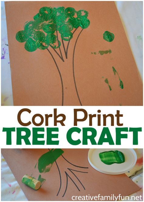 This cork print tree craft for toddlers and preschoolers is a fun printmaking project that is simple to do. Make a pretty green tree or an autumn tree. Prek Trees Activities, Green Craft Preschool, Color Green Crafts For Preschool, Green Art Preschool, Green Preschool Crafts, Tree Related Activities Preschool, Green Toddler Activities, Green Art For Toddlers, Green Color Crafts Preschool