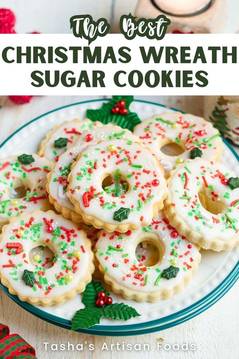 An image of Christmas Wreath Sugar Cookies on a green and white plate Easy Pretty Christmas Cookies, Christmas Cookies Wreath, Wreath Sugar Cookies, Santa Hat Cookies, Soft Christmas Cookies, Nutcracker Cookies, Christmas Dessert Ideas, Gallon Of Milk, Christmas Wreath Cookies