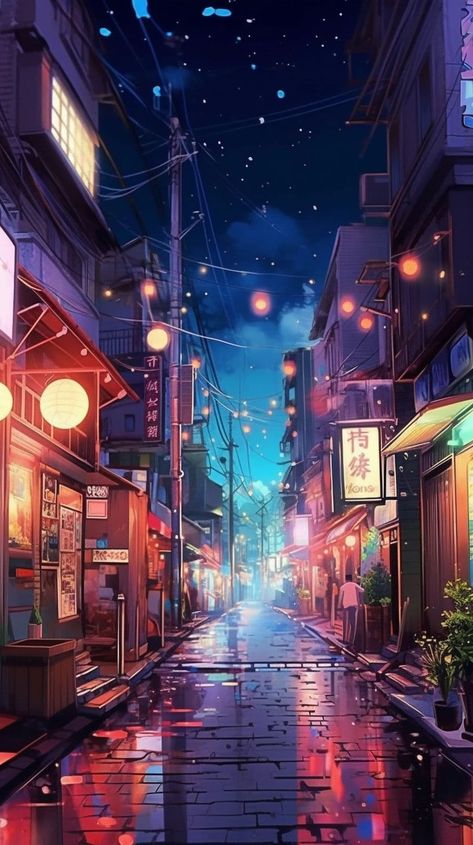 Aesthetic Japanese Street Lofi Wallpaper - Step into the urban nightscape with our collection of lo-fi street scenes and neon lights wallpapers. Featuring vibrant neon signs, moody city streets, and atmospheric alleyways, these wallpapers will create a captivating and cinematic look for your screen Anime Street Aesthetic Wallpaper, Anime Scenes Wallpaper, Japan Street Aesthetic Wallpaper, Aesthetic Neon Lights Wallpaper, Good Anime Wallpapers, Rain Lofi Aesthetic, Japanese City Wallpaper, Japanese Street Wallpaper, Japanese Streets Aesthetic