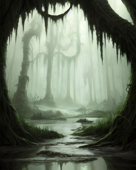 Prints art of haunted mysterious green swamp is now available. SHOP MORE HERE ! Swamp Trees Drawing, Swamp Aesthetic Witch, Swamp Monster Concept Art, Swamp Genasi, Swamp Village Fantasy Art, Fantasy Swamp Art, Haunted Forest Art, Marshland Aesthetic, Swamp Sketch