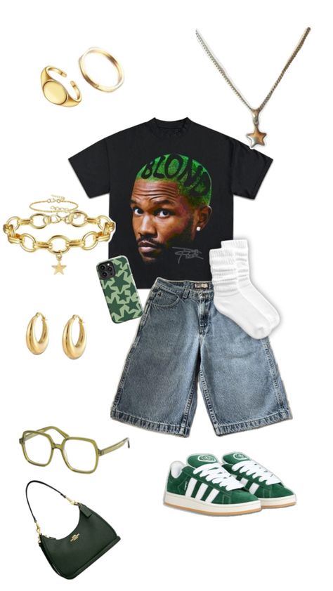 Outfit with jorts , campus 00’s, gold jewelry Outfit With Jorts, Tyler The Creator Outfits, Outfit Campus, Campus 00, Campus Outfit, Tyler The Creator, Basic Outfits, Streetwear Outfit, Cute Casual Outfits