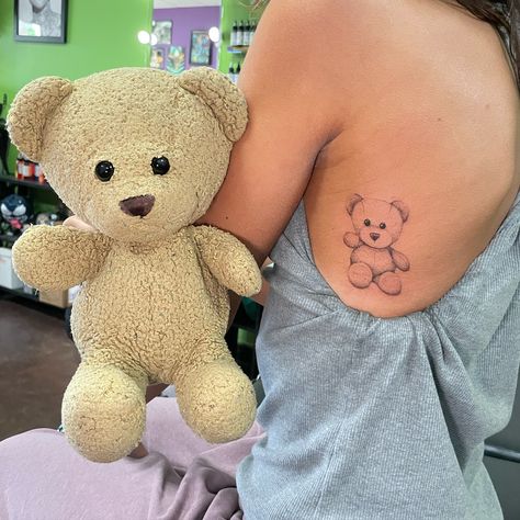 Childhood stuffed animal!! Absolutely in loveeeee with this whole idea and lil Bobo the teddy bear!🥹🧸 Childhood Bear Tattoo, Teddy Bear With Bow Tattoo, Lamb Stuffed Animal Tattoo, Two Headed Teddy Bear Tattoo, Childhood Teddy Bear Tattoo, Teddy Bear Outline Tattoo, Childhood Toy Tattoo, Childhood Teddy Tattoo, Childhood Stuffed Animal Tattoo