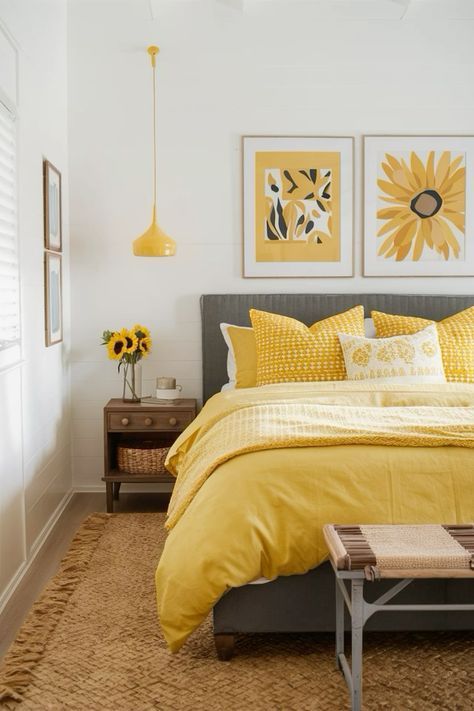 Yellow Bedspread Ideas, Mustard Yellow Bedroom Ideas, Sunflower Bedroom Ideas, Sunny Bedroom, Mustard Yellow Bedrooms, Yellow Bedspread, Yellow Kitchen Cabinets, Yellow Bedroom Decor, Fall Bedroom Ideas