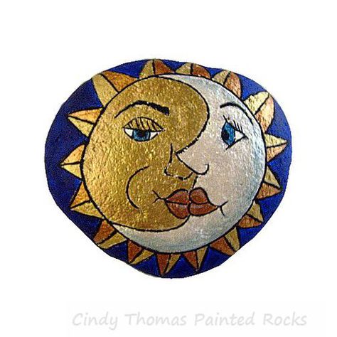 Sun & Moon Painted Rock Moon Faces, Moon Rocks, Moon Rock, Moon Painting, Hand Painted Rocks, Painted Rock, Sun And Moon, Sun Moon, Stone Painting