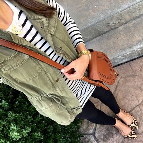 IG @mrscasual <click through to shop this outfit> utility vest, striped bp tunic, leopard flats, chloe marcie crossbody, leggings. Teaching Outfits, Leopard Flats, Leopard Shoes, Vest Outfits, Green Jacket, Fall Winter Outfits, Outfits Casuales, Casual Fall, Look Cool