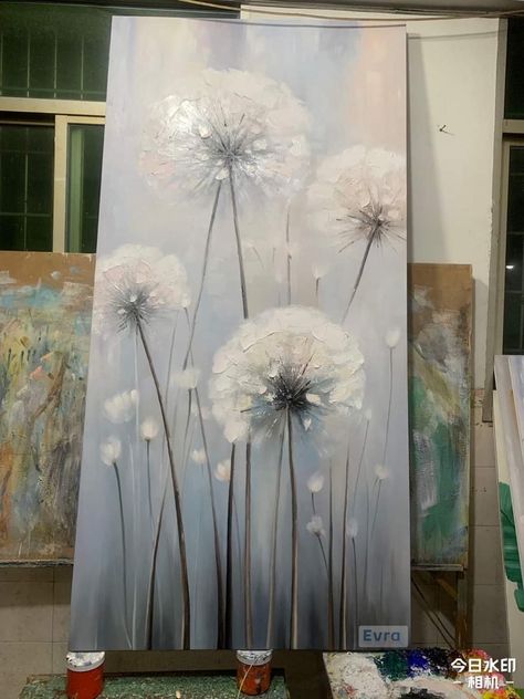 Dandelion Oil Painting, Dandelion Acrylic Painting, Dandelion Painting Acrylic, Dandelion Drawing, Dandelion Painting, Dandelion Wall Art, Easy Flower Painting, Butterfly Art Painting, Minimal Painting