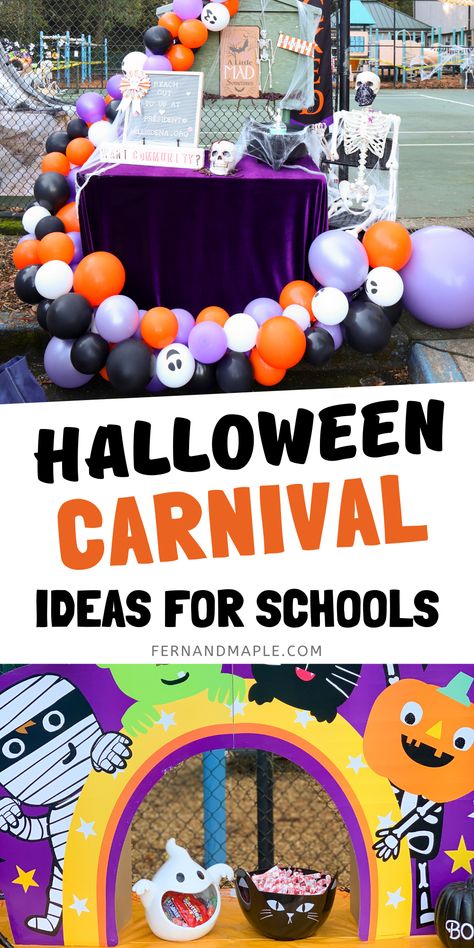 Tons of table ideas for a fun and not-so-scary Halloween school carnival or community festival. Get all the ideas and more Halloween party inspiration now at fernandmaple.com! School Halloween Carnival Booth, Halloween Candy Booth Ideas, Halloween Table Themes For Kids, Halloween Driveway Games, Halloween Party Fundraiser Ideas, Halloween School Carnival Games, School Halloween Carnival Ideas, Halloween Festival Activities, Halloween Dance Middle School