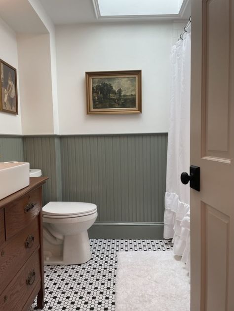 Bathroom With Half Paneled Walls, Beadboard Toilet Room, Horizontal Wainscoting Bathroom, Panel Board Bathroom, Bathroom Ideas With Waynes Coating, Half Bathroom Beadboard, High Beadboard Bathroom, Back To Wall Toilet And Sink, Shaker Bathroom Ideas