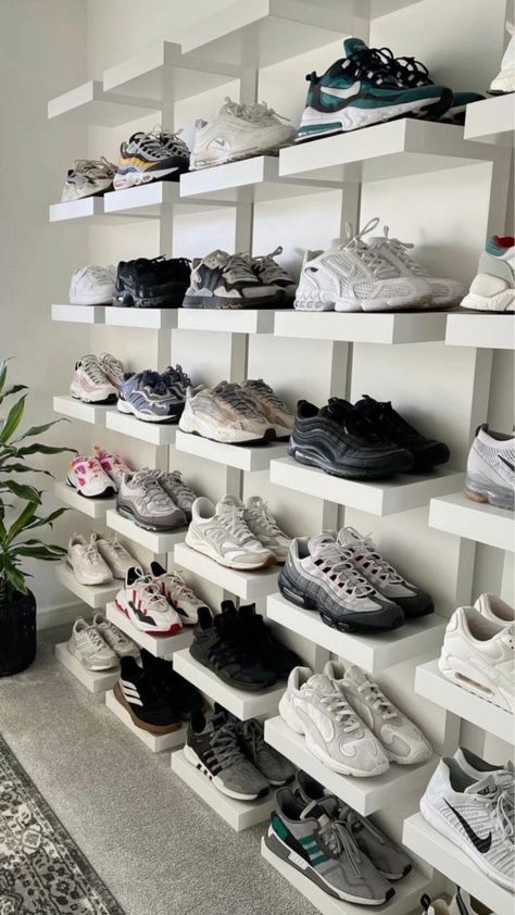 Sneaker Shelf Closet, Sneaker Shelves, Ikea Shoe Shelves, Sneaker Shelf, Sneaker Shelf Ideas, Ikea Display Shelf, Ikea Shoe Shelf, Sneaker Wall Display, Shoe Collection Display