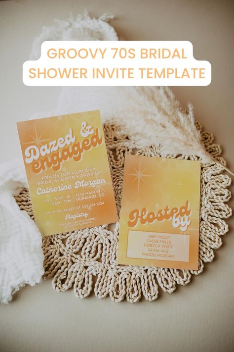 Celebrate your engagement with our retro-inspired bridal shower invitation template! This printable design is perfect for 70s couples who want a groovy celebration. With its tie-dye pattern and playful font, this invite is sure to get your guests excited for your special day. 70s Couples, 70s Couple, Groovy 70s, Bridal Shower Inspiration, Shower Inspiration, Wedding Shower Invitations, Bridal Shower Invitations Templates, Retro Groovy, Yellow Ties