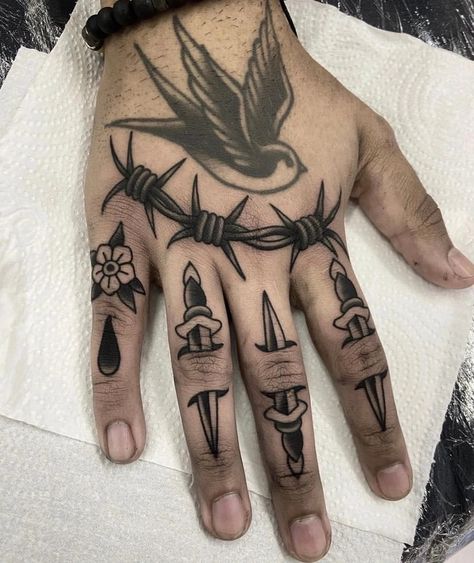 Bird Hand Tattoo, Inner Elbow Tattoos, Unique Hand Tattoos, Traditional Hand Tattoo, Hand Tattoo Designs, Thumb Tattoos, American Traditional Tattoo Ideas, Traditional Tattoo Ideas, Knuckle Tattoos