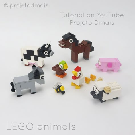 How to build lego farm animals (lego sheep, lego duck, lego donkey, lego chicken, lego cow, lego bee, lego pig, lego horse) / Video tutorial on youtube by Projeto Dmais Lego Chicken, Lego Duck, Lego Horse, Lego Farm, Farm With Animals, Horse Video, Easy Lego Creations, Cute Wolf Drawings, Lego Club