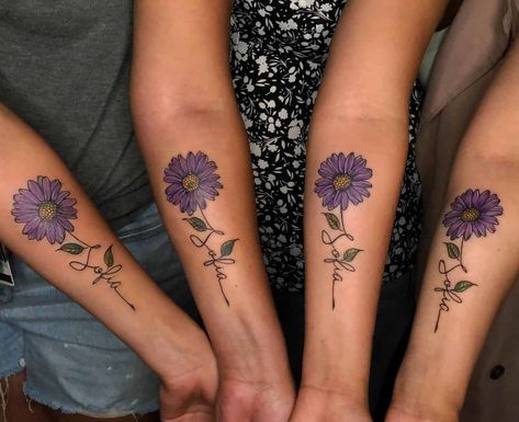 Deep Purple Flower Tattoo, Purple Memorial Tattoo, Aster Rose Tattoo, Purple Aster Flower Tattoo, Dark Daisy Tattoo, Purple Flower Tattoo Designs, Purple Sunflower Tattoo, Purple Tattoo On Dark Skin, Dark Purple Tattoo