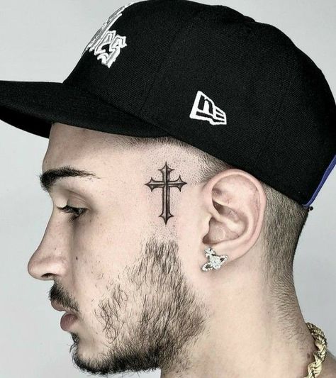 Sideburn Tattoos Men, Cross Face Tattoo, Sideburn Tattoo Guys, Sideburn Tattoo, Burn Tattoo, Rock Tattoos, Chicanas Tattoo, Hard Tattoos, Ink Therapy