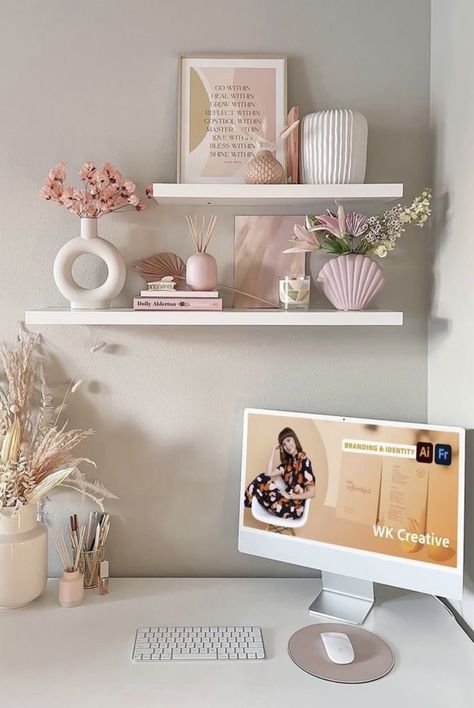 Above Desk Wall Decor Aesthetic, Shelf’s For Bedroom, Teen Room Boho Shelves, College Shelf Decor, Shelf Decor Bedroom Pink, Floating Shelves Inspo Bedroom, Floating Shelf Inspo Bedroom, Shelve Decor Bedroom, Room Decor For Shelves