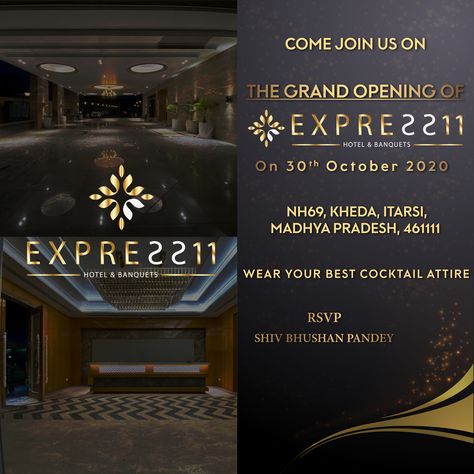 The grand opening of Express11 Hotel & Banquet is on 30th October 2020. Wear mask & keep social distancing. . . RSVP - Pandey Family . . . #hotel #motel #banquets #express11 #restaurant #banquethalls #lavishlawns #itarsi Opening Invitation, Grand Opening Invitations, Menu Design Inspiration, Family Hotel, Hotel Motel, Cocktail Attire, Banquet Hall, Fun Cocktails, Menu Design