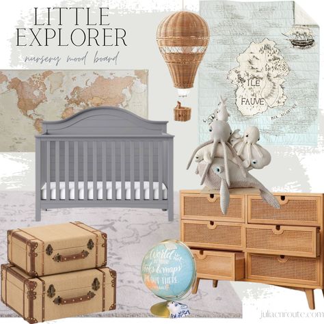 Neutral Fairytale Nursery, World Explorer Nursery, Nursery Map Theme, World Theme Nursery, Explorer Themed Nursery, World Travel Nursery Theme, Explore Nursery Theme, Vintage Hot Air Balloon Nursery, Vintage Aviation Nursery