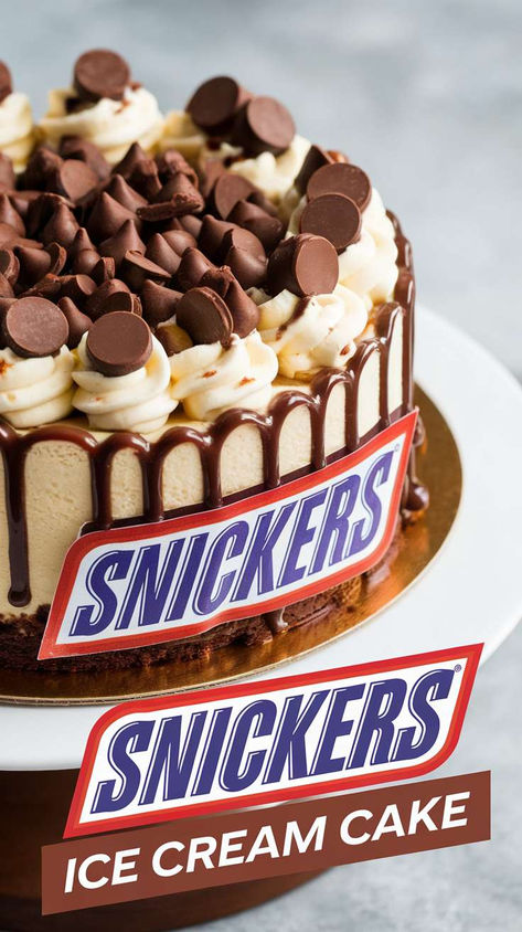 Delicious snickers ice cream chocolate cake on a platter Loaded Ice Cream, Snickers Ice Cream Cake, Ice Cream Caramel, Snickers Ice Cream, Creamy Ice Cream, Cream Caramel, Ice Cream Cakes, Cream Cakes, Caramel Chocolate